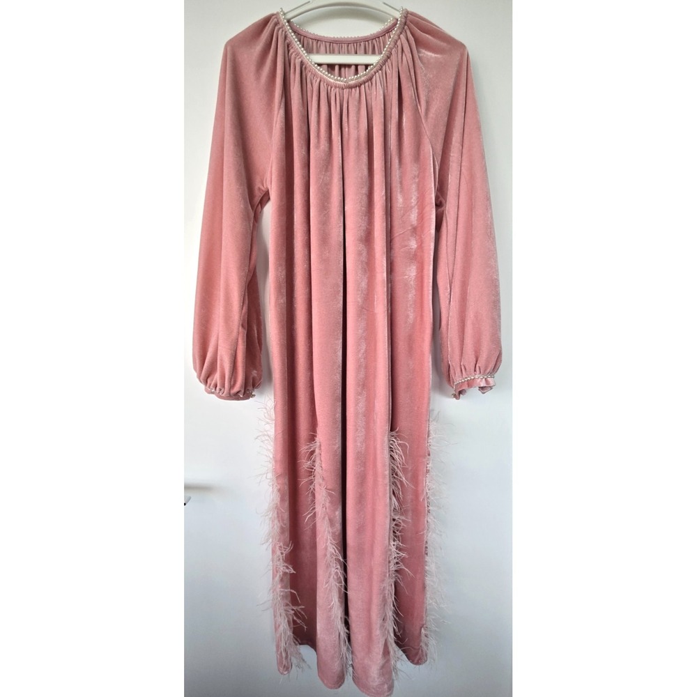 Velvet Maxi Dress Puff Sleeves Pastel Pink Pearl Feather Boho Whimsy Festive